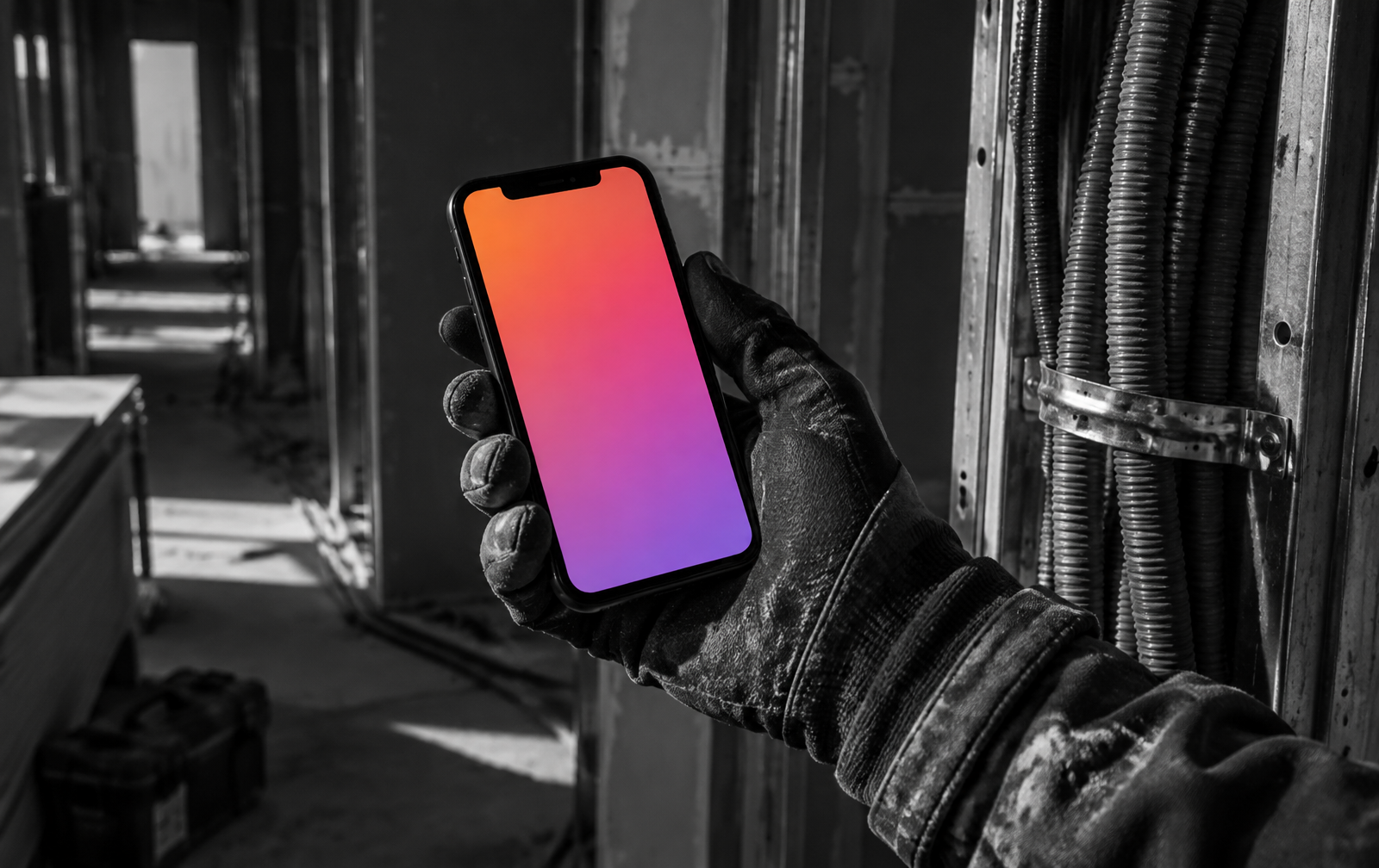 Main gantée tenant un smartphone sur un chantier de second œuvre